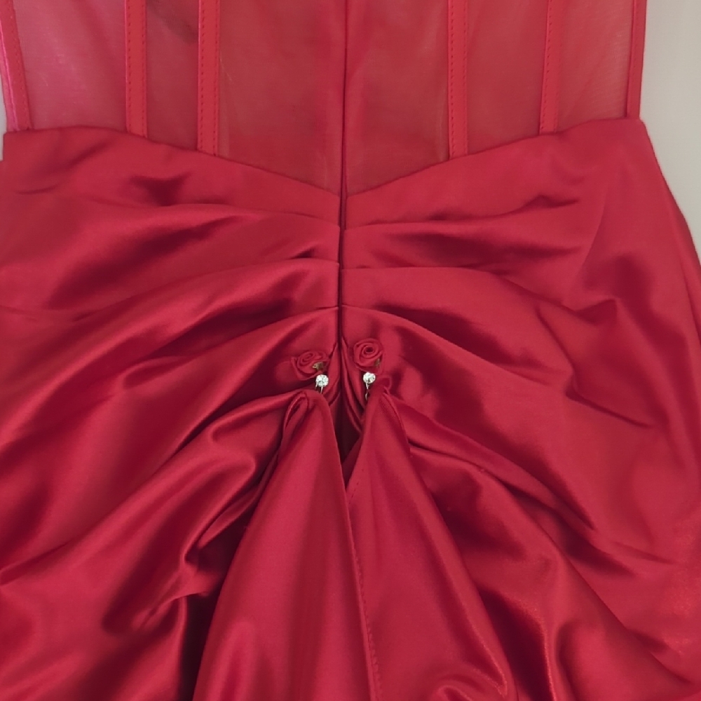 Red Satin Gown with Rose Accents - Sherri Hill - Picture 2 of 11